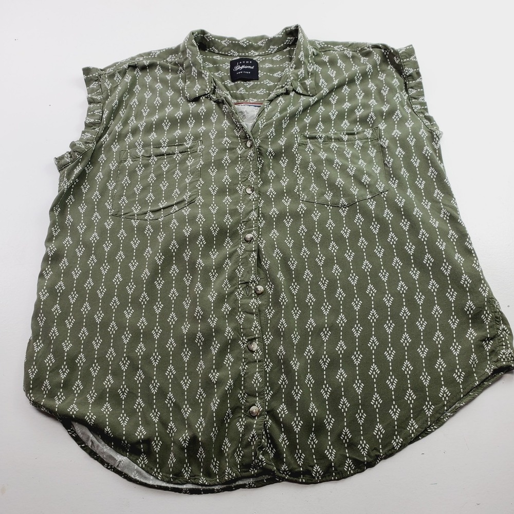 Jachs Girlfriend Olive Green Geometric Print Sleeveless‎ Button Down Shirt L